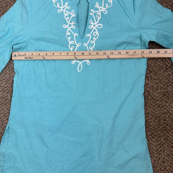 Carole Little Women’s 100% Linen Turquoise Tunic Top 3/4 Sleeve Sz 10 Coastal - Picture 8 of 9